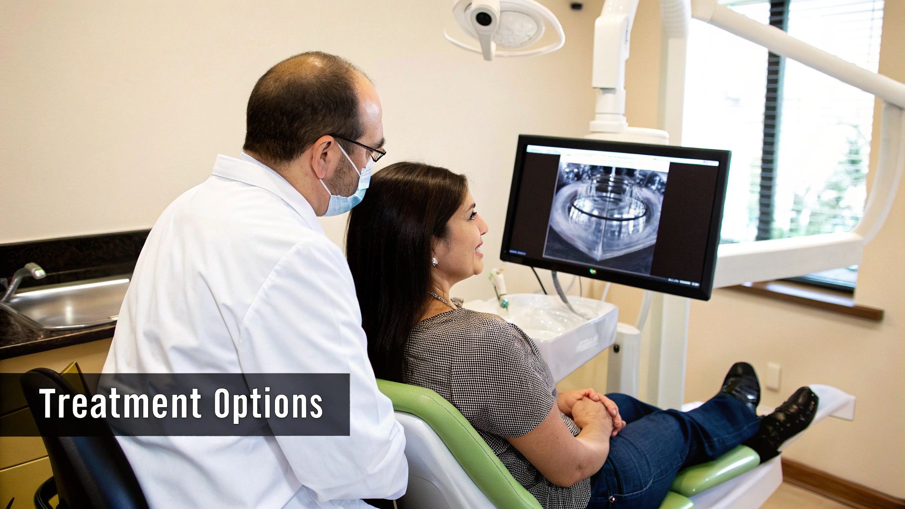 A dentist in a mask and lab coat explains treatment options to a female patient, looking at a dental scan on a monitor.