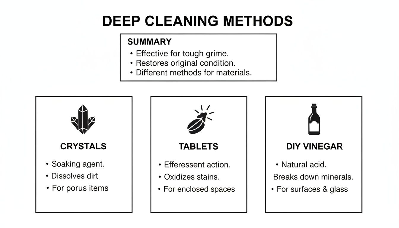 Infographic detailing deep cleaning methods: Crystals, Tablets, and DIY Vinegar, with their properties and uses.