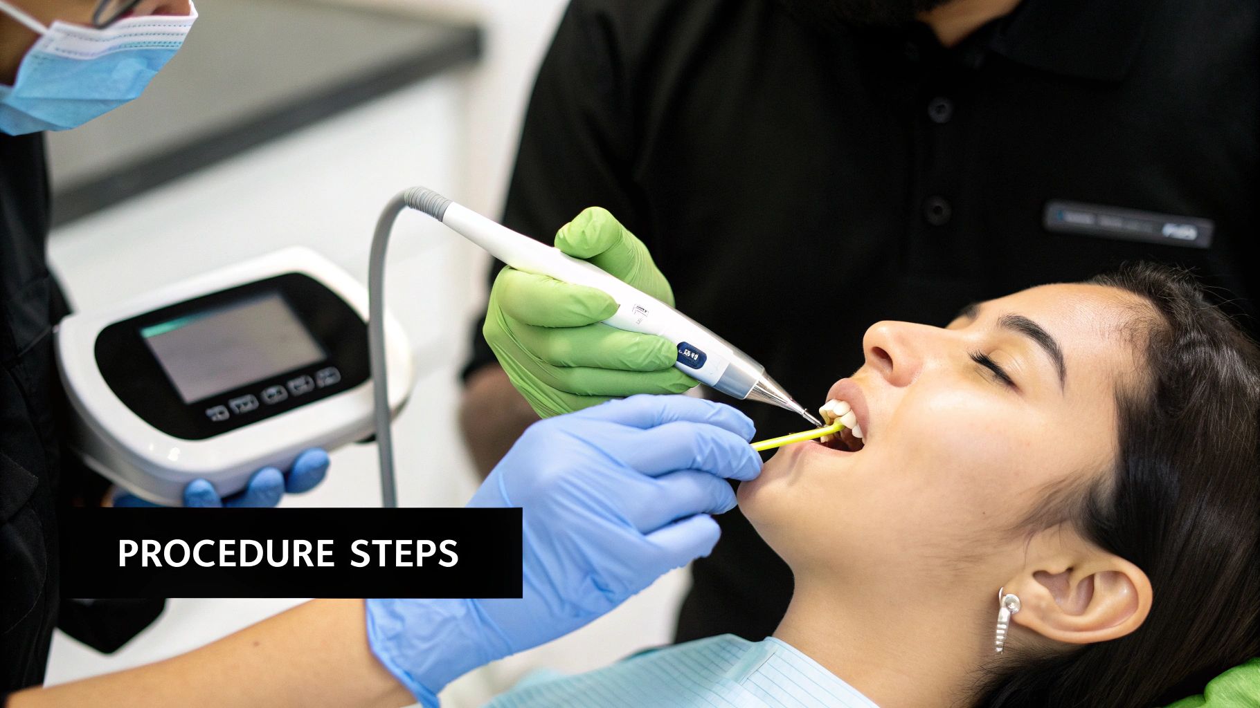 Two dental professionals perform a procedure on a female patient&#39;s open mouth, using various instruments.
