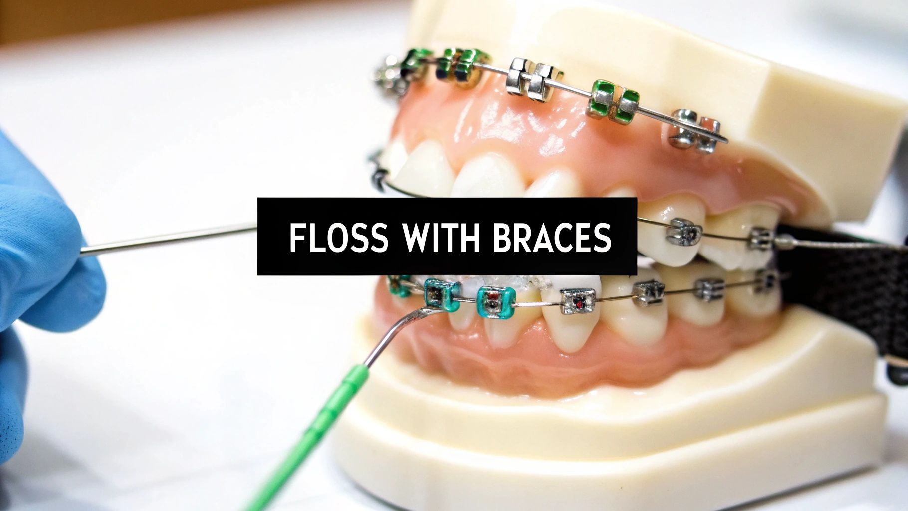 A gloved hand demonstrates flossing a dental model with braces using a green floss threader.