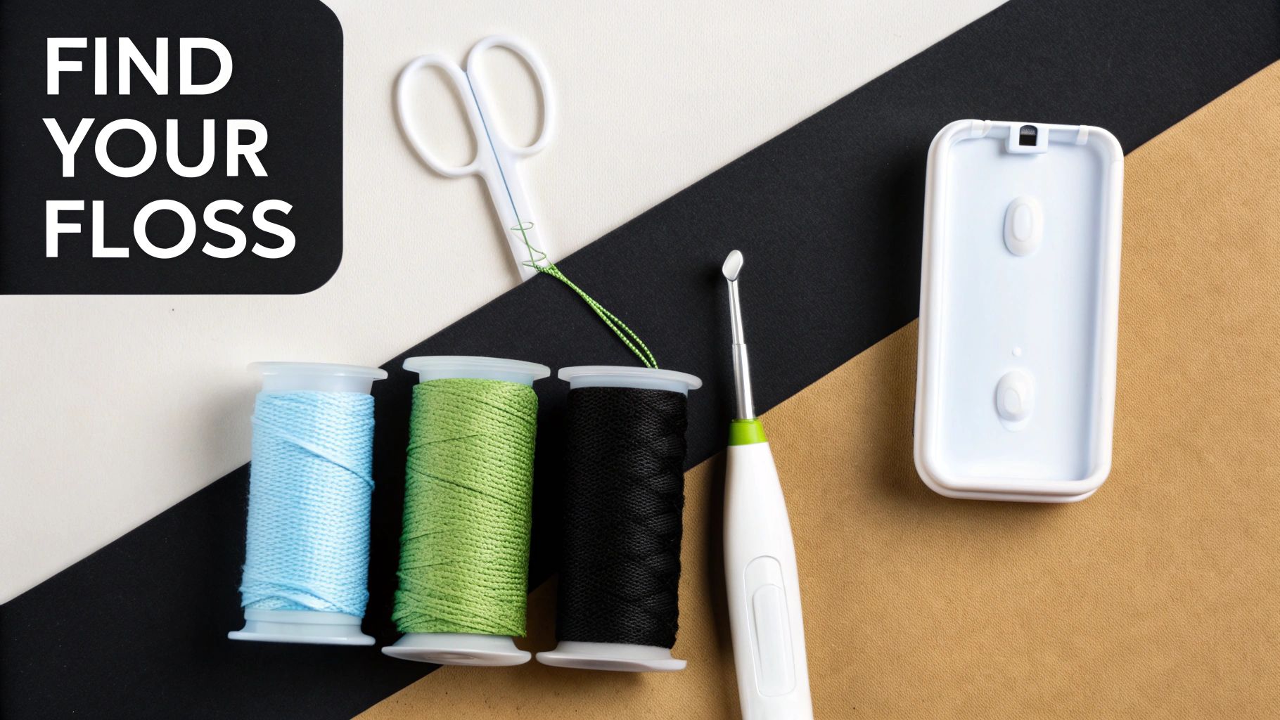 Dental floss spools in blue, green, black, scissors, and a flossing tool on a segmented background.