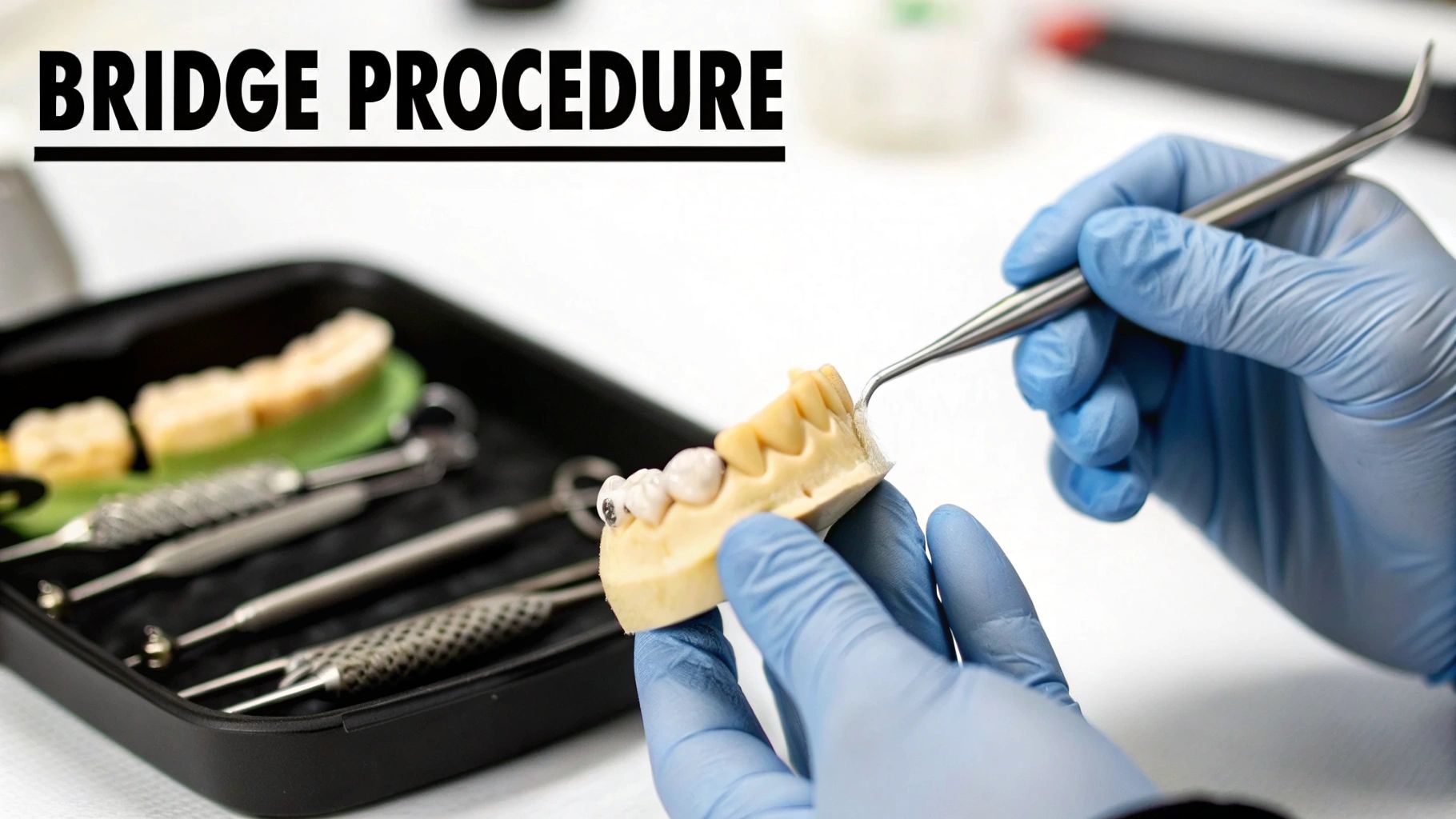 A gloved hand meticulously works on a realistic dental bridge model using a precision dental tool.