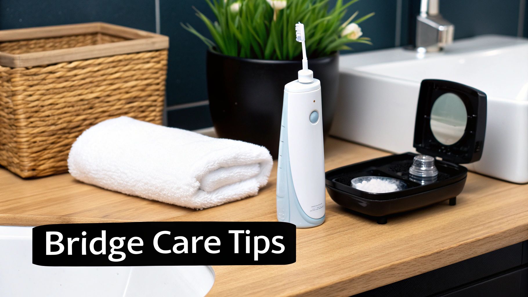 A water flosser with a toothbrush attachment, towel, and dental cleaning items on a wooden bathroom counter.