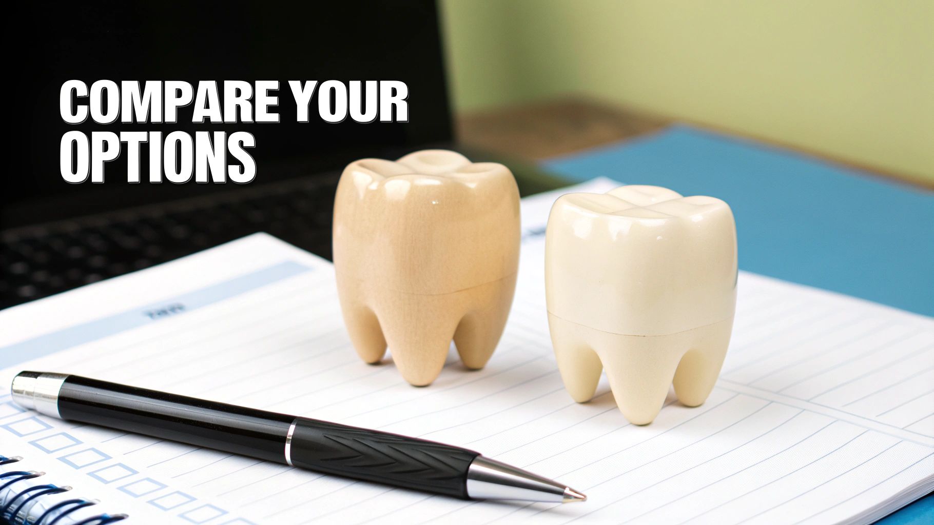 A dentist showing a patient the differences between dental implants and dental bridges using jaw models.