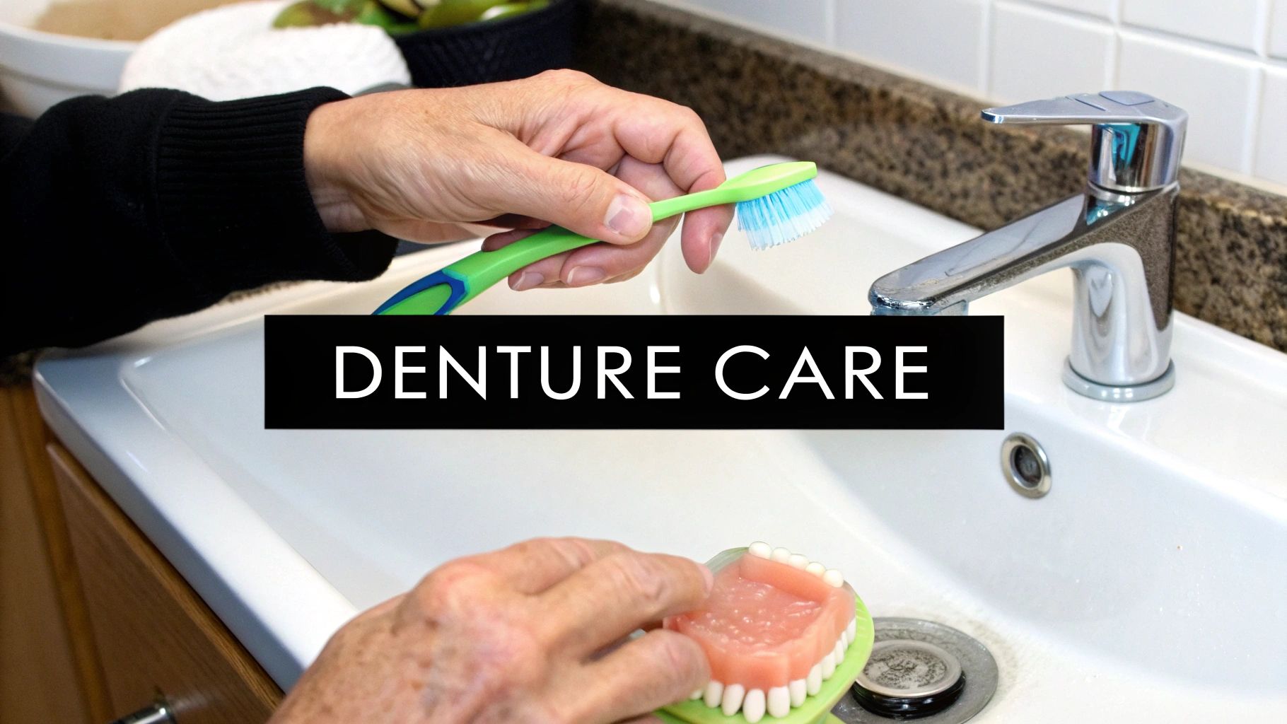 A person holds a toothbrush and dentures over a sink, demonstrating false teeth care.