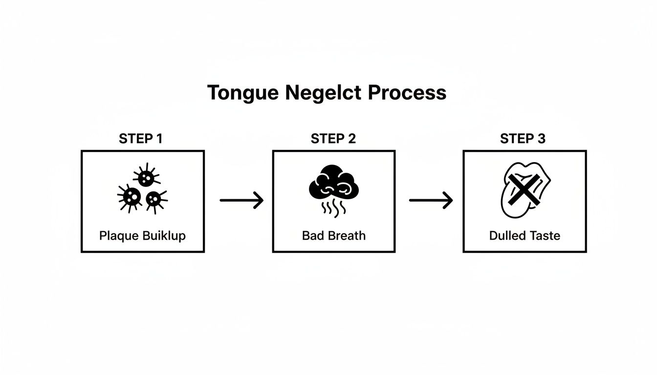 Diagram illustrating the tongue neglect process: plaque buildup leads to bad breath and dulled taste.