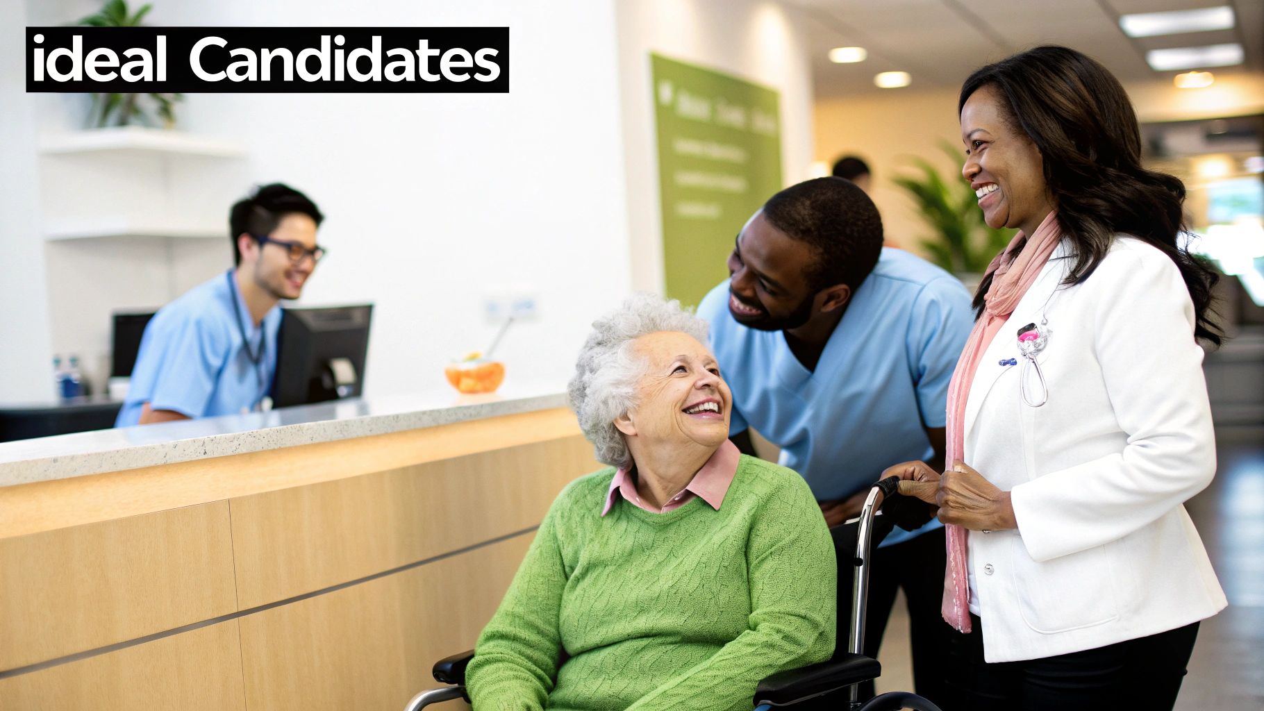 Smiling elderly patient in wheelchair interacting cheerfully with diverse healthcare staff in a clinic.