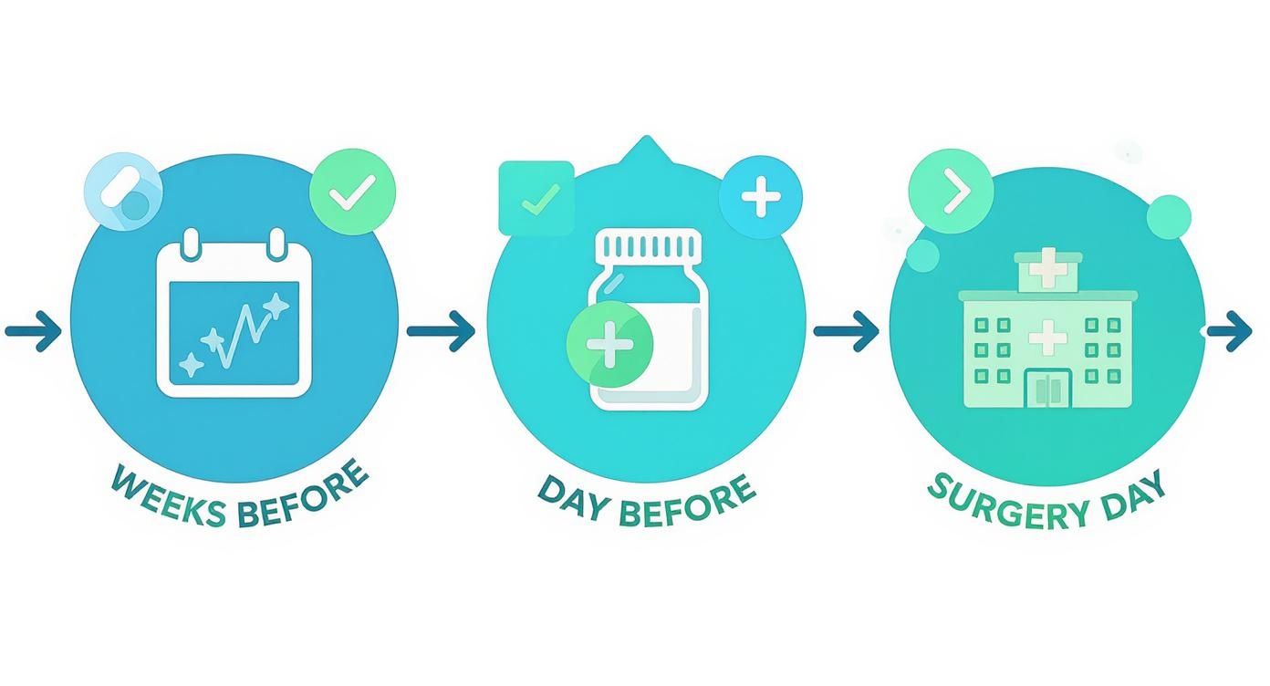 Infographic showing a three-step timeline for surgery preparation, including tasks weeks before, day before, and on surgery day.