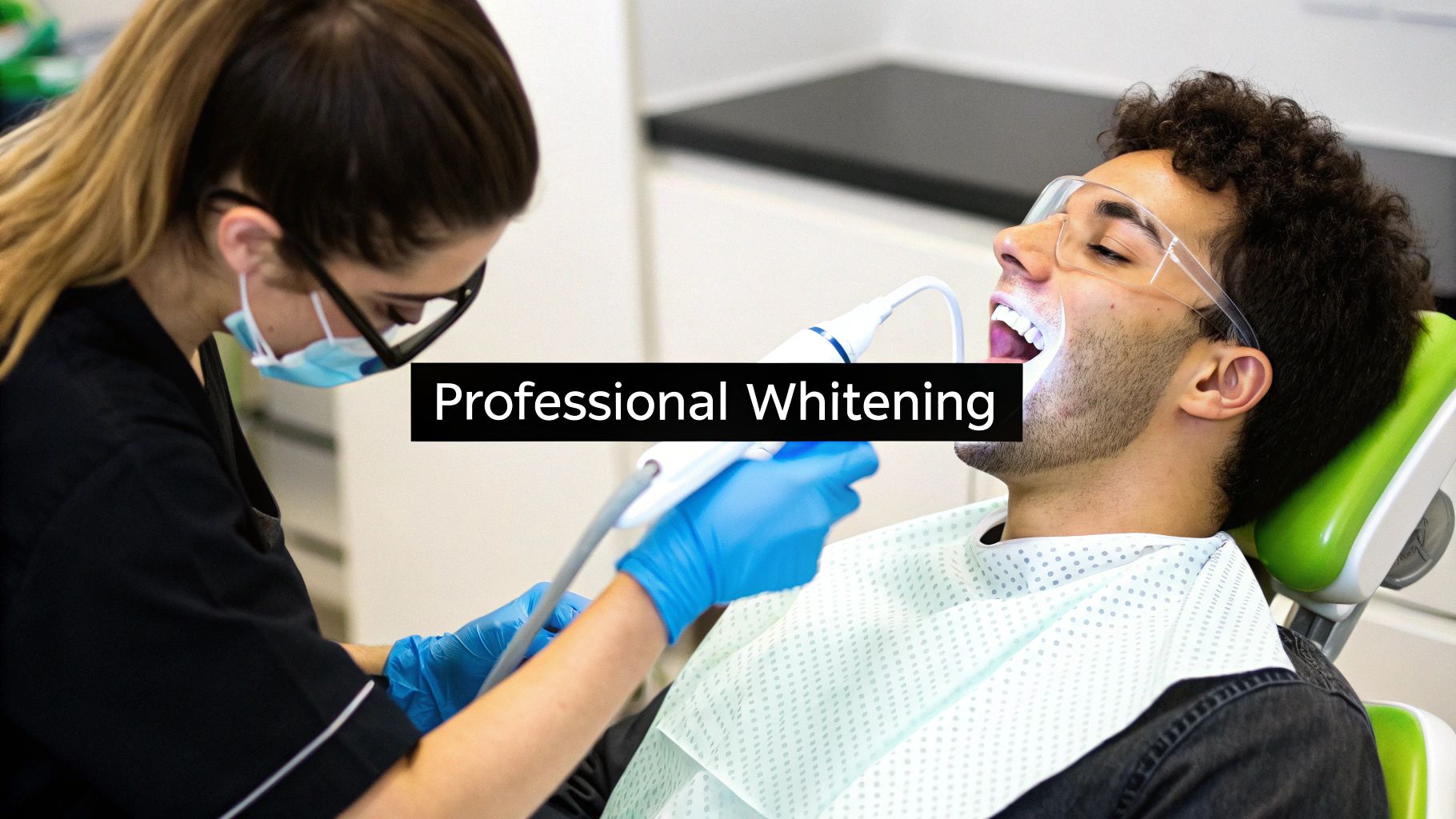 A dentist performs a professional teeth whitening procedure on a male patient wearing safety glasses.