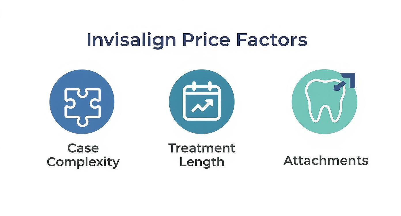 Visual representation of Invisalign price factors: case complexity, treatment length, and attachments.