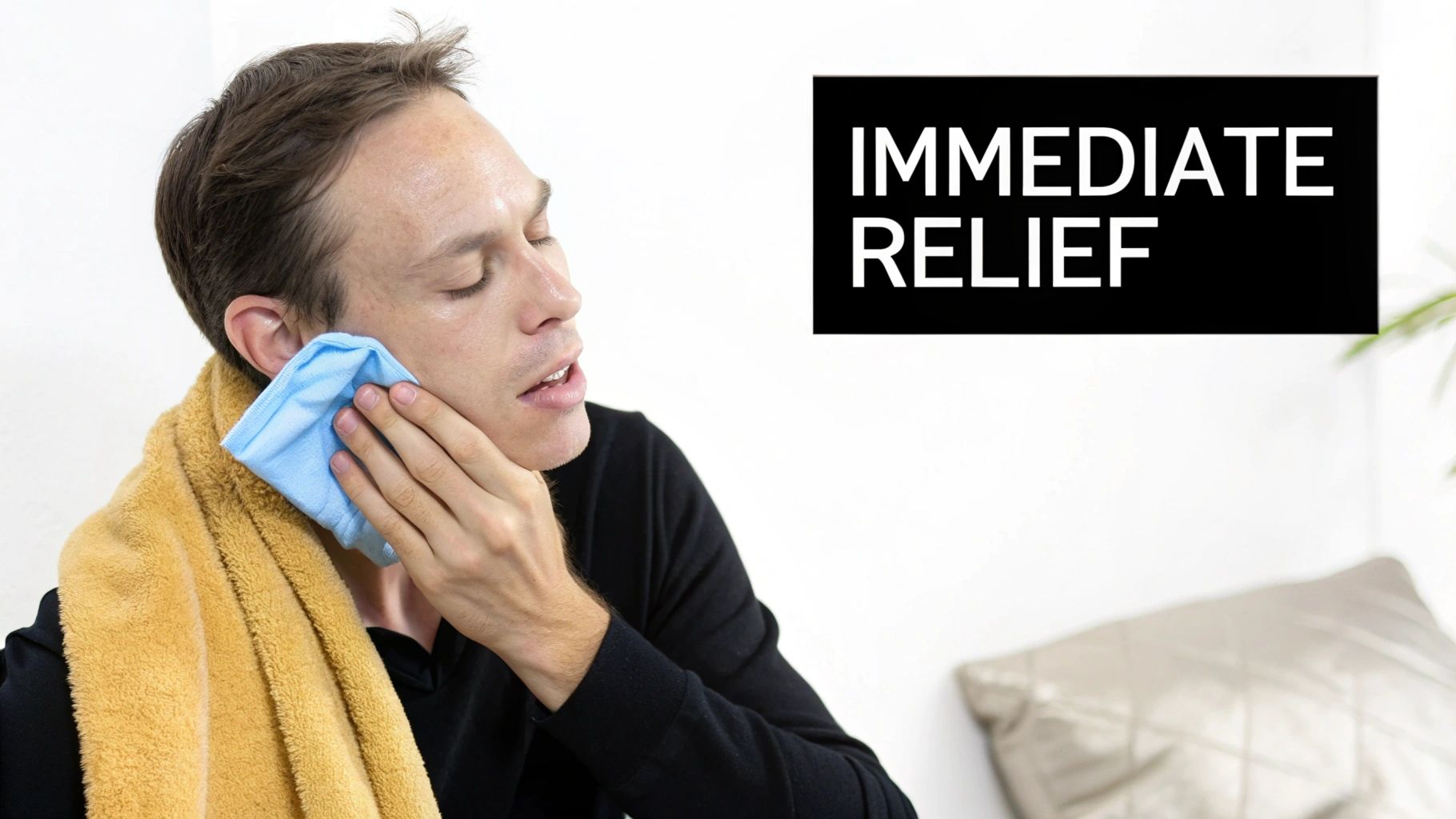 A man with a yellow towel applies a blue cold compress to his jaw for immediate pain relief.