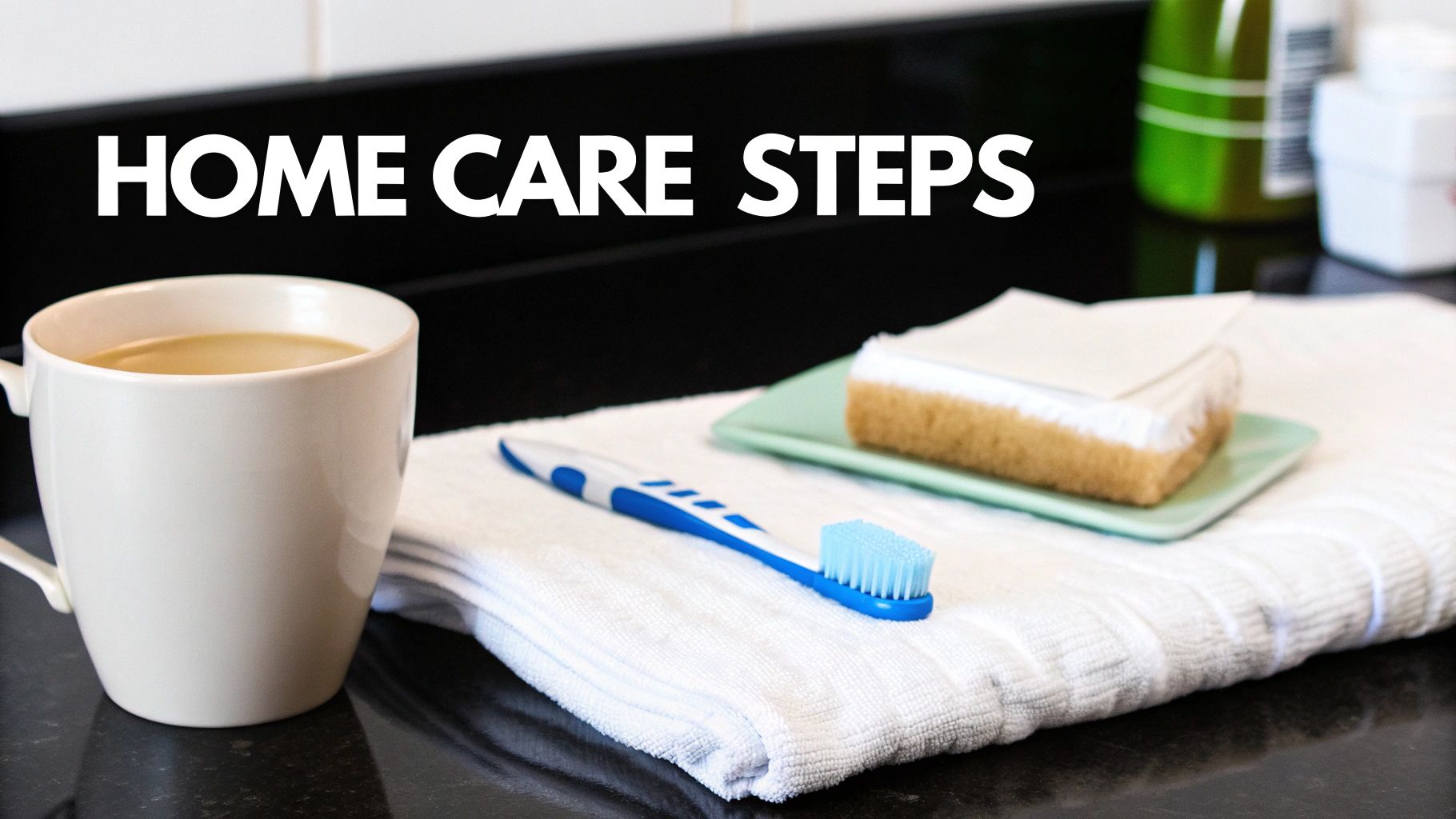 A white coffee mug, toothbrush, and scrub brush on a towel, illustrating home care steps.