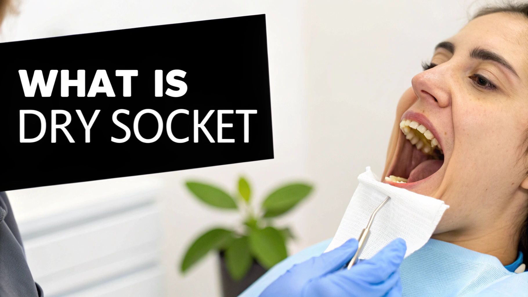 A patient with an open mouth at the dentist, while a text overlay asks 'WHAT IS DRY SOCKET'.