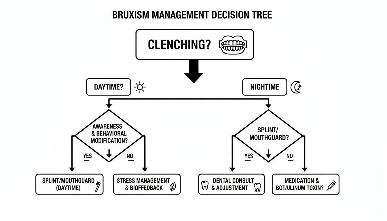Bruxism management decision tree flowchart outlining daytime and nighttime treatments for teeth clenching.