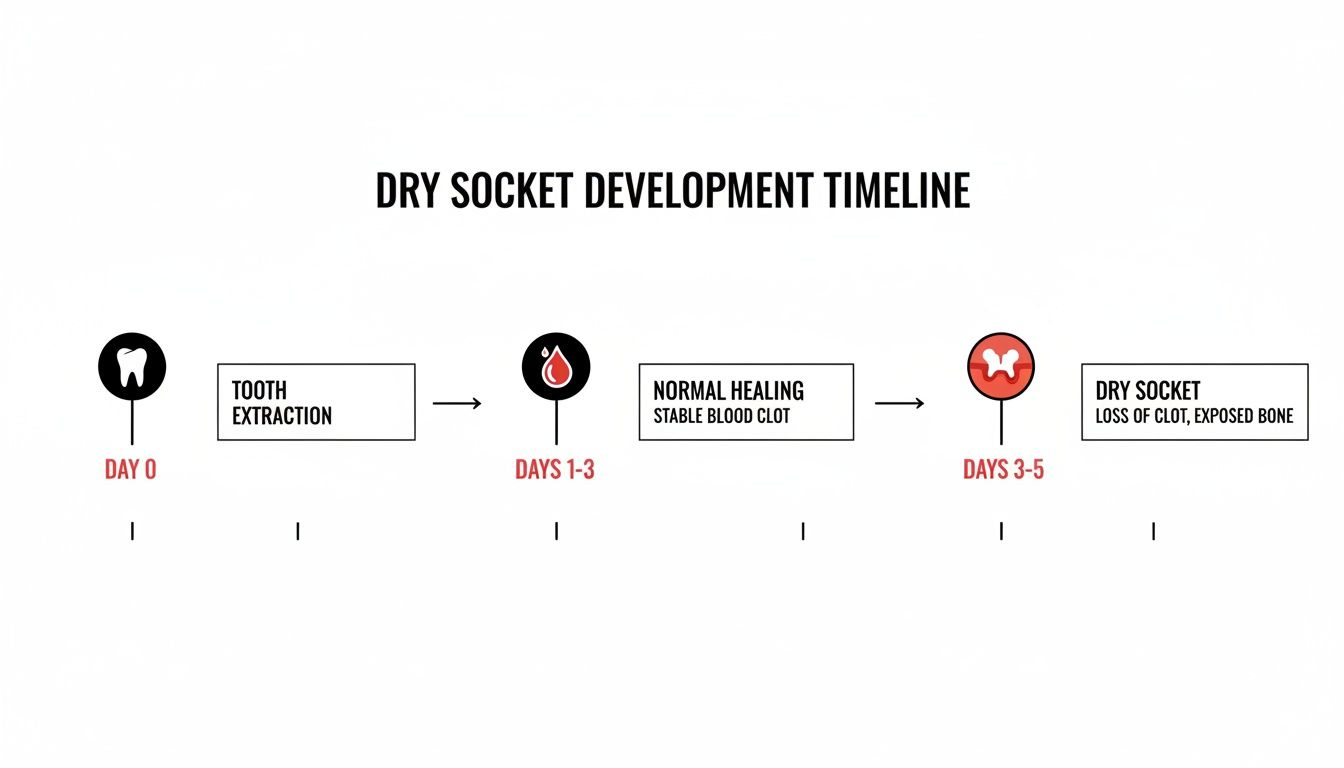 A timeline illustrating the progressive stages of dry socket development following tooth extraction.