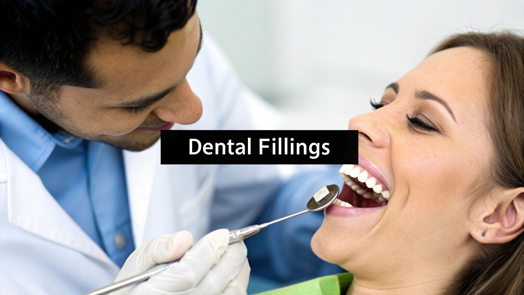A dentist in a white coat and gloves examines a female patient's open mouth with a dental mirror, with 'Dental Fillings' text.