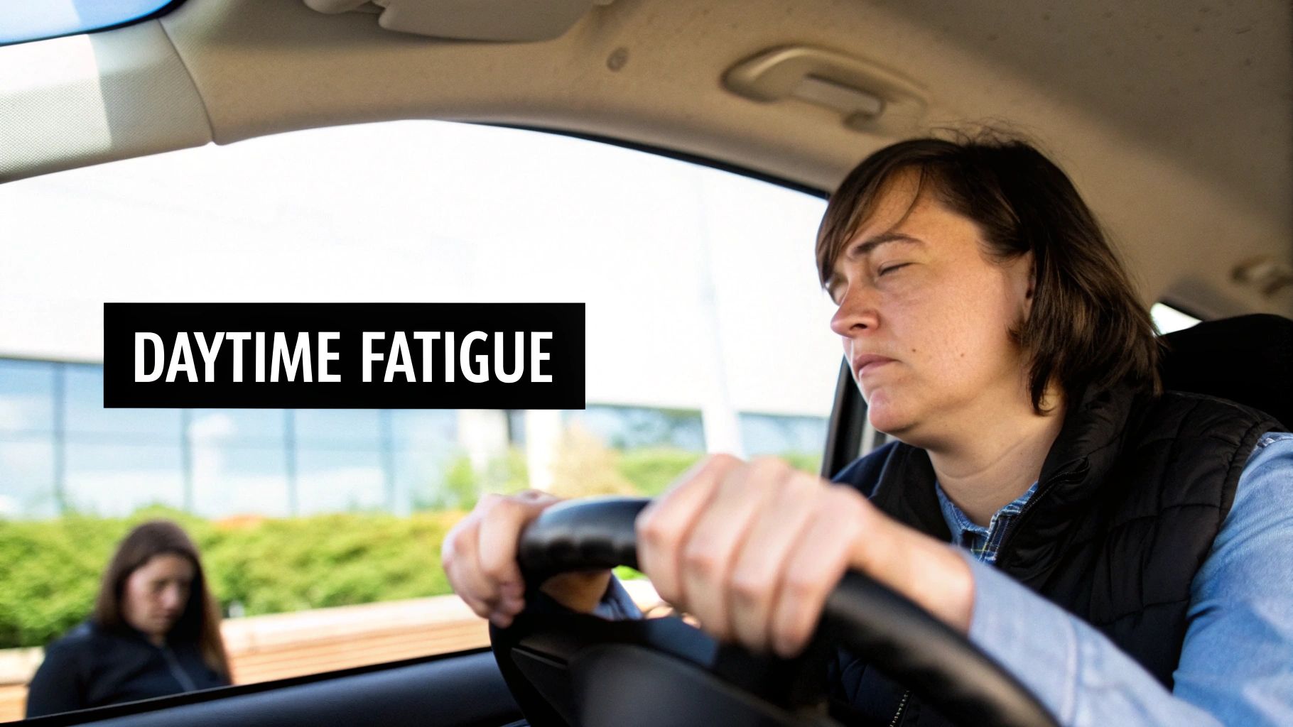 A drowsy woman with closed eyes sleeping while driving a car, illustrating daytime fatigue.