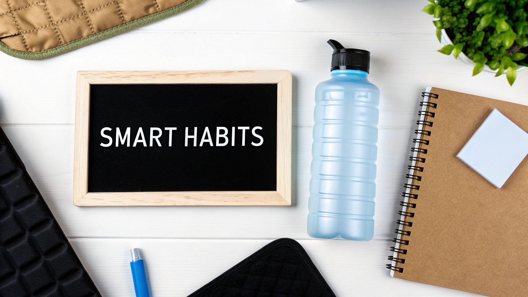 Smart habits chalkboard sign with water bottle, notebook, and wellness items on white desk