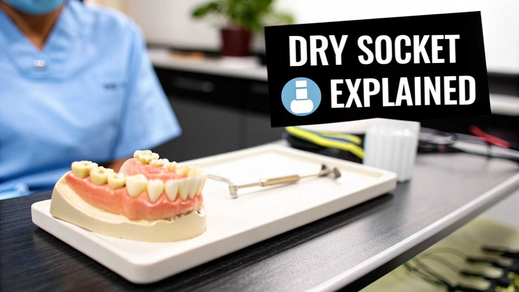 An illustration showing a comparison between a healthy healing tooth socket and a dry socket after an extraction.