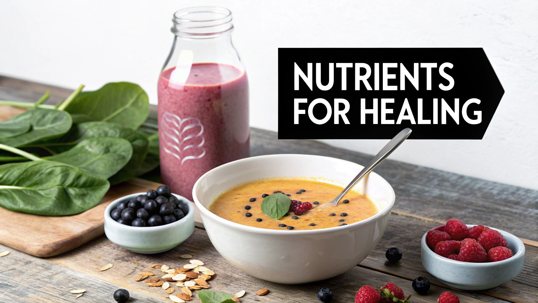 A vibrant spread of smoothie, soup, spinach, and berries, with &#39;NUTRIENTS FOR HEALING&#39; text.