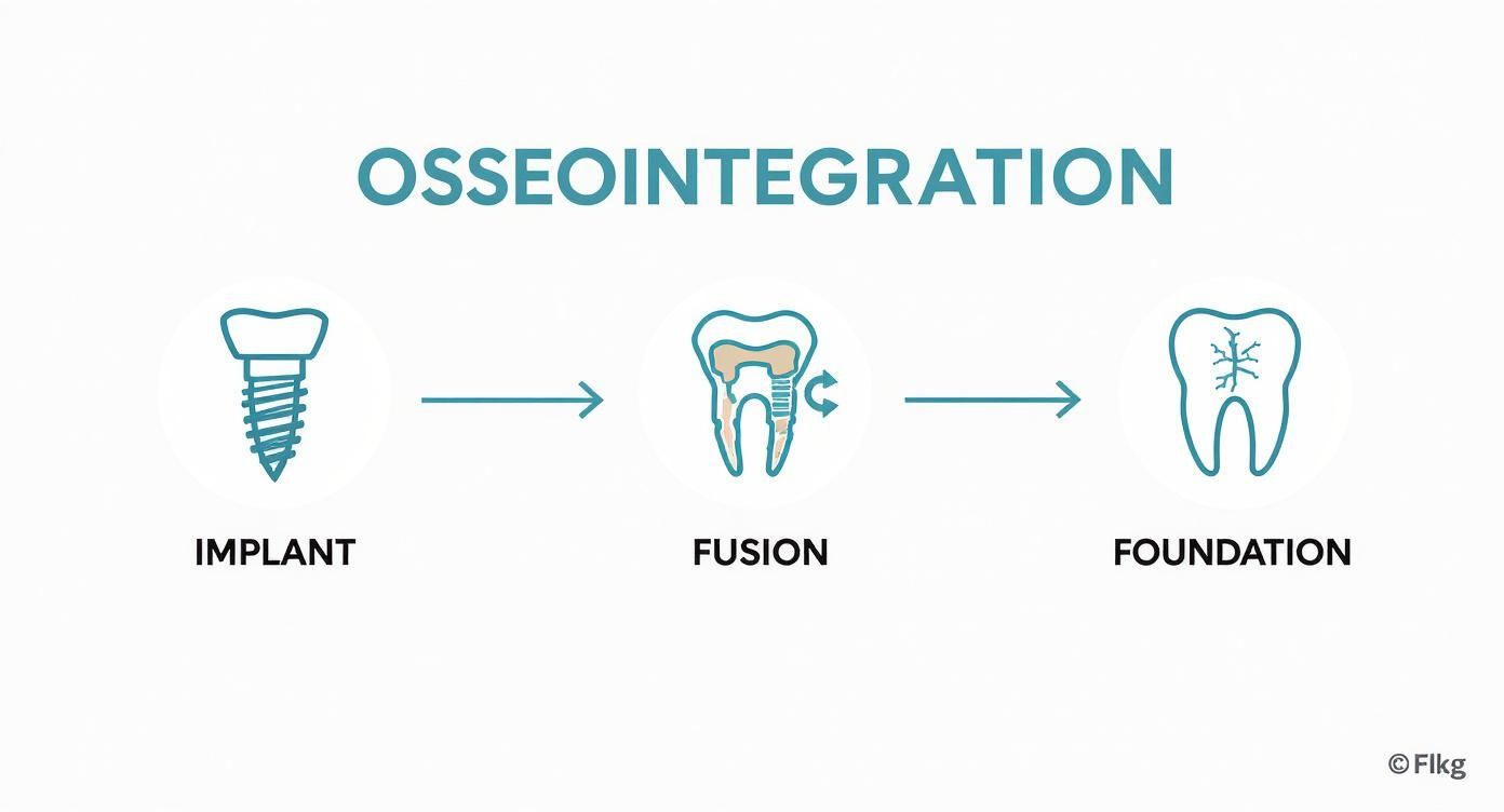 Illustration of dental osseointegration process: screw implant, fusion into tooth structure, and final stable foundation.