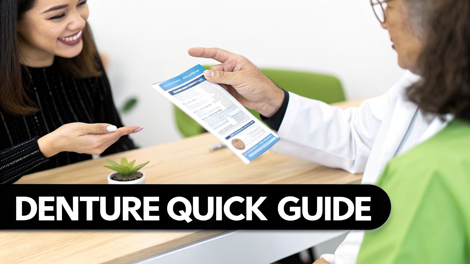 A doctor gives a denture quick guide pamphlet to a smiling patient at a clinic.