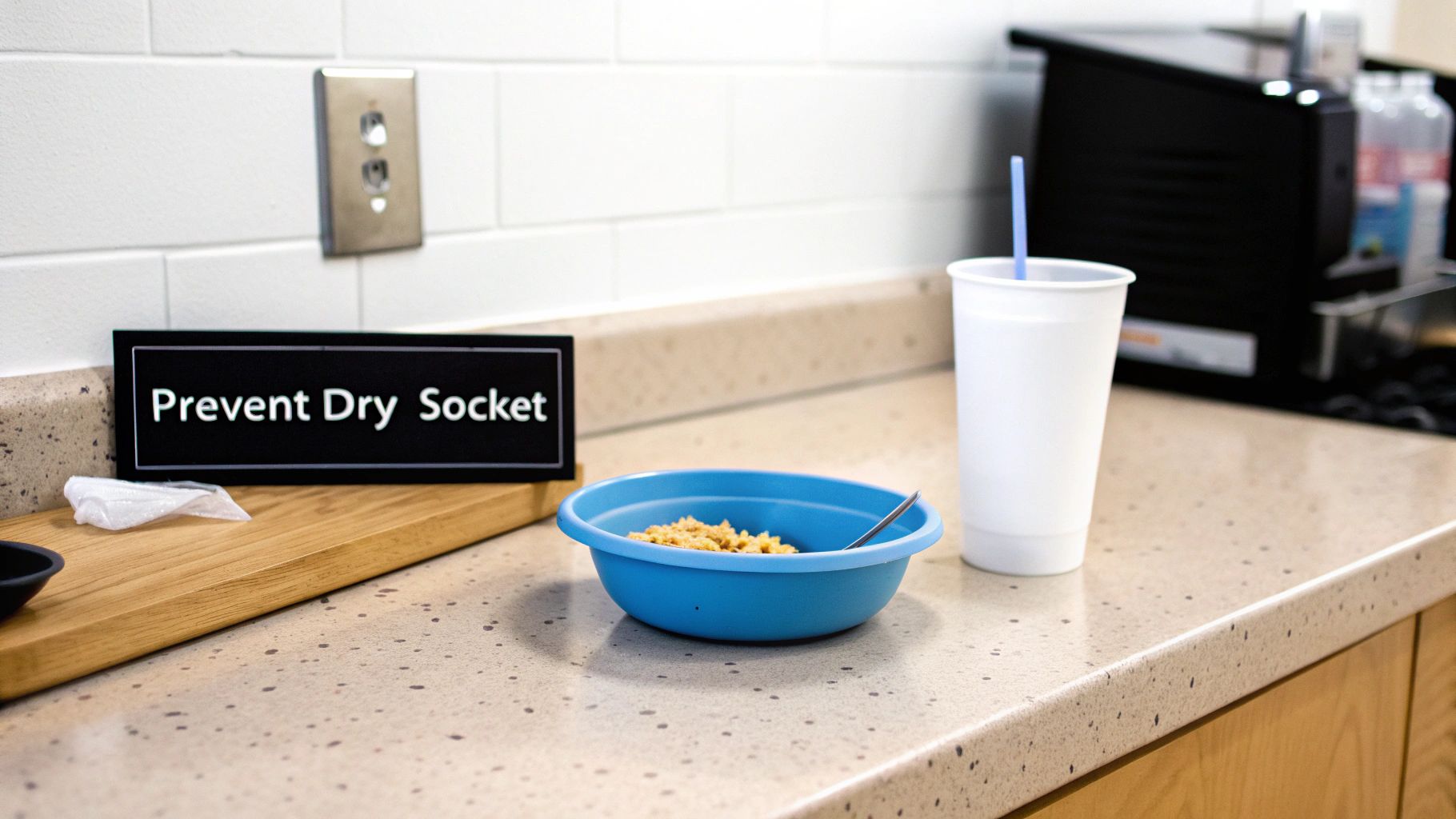 A close-up of a kitchen counter with a sign reading 'Prevent Dry Socket,' a bowl of cereal, and a drink.
