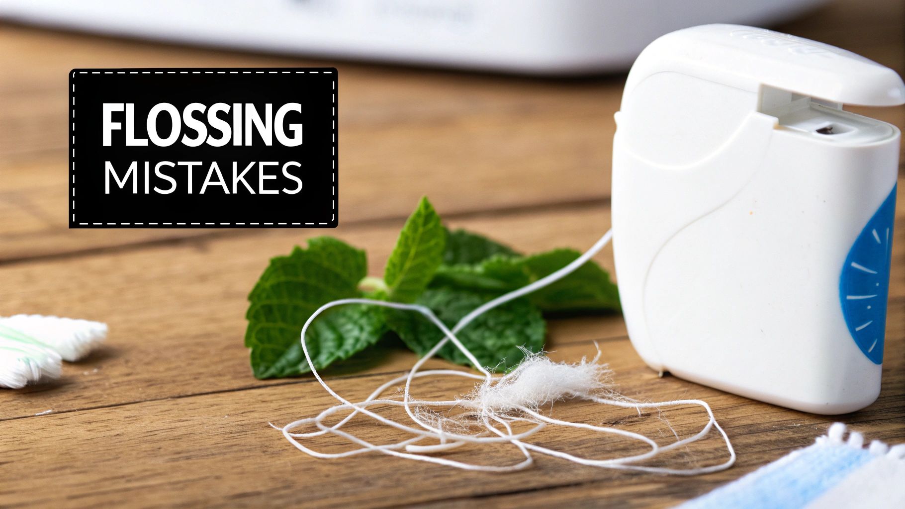 Dental floss in dispenser, used floss, and fresh mint leaves on wood, with 'FLOSSING MISTAKES' label.