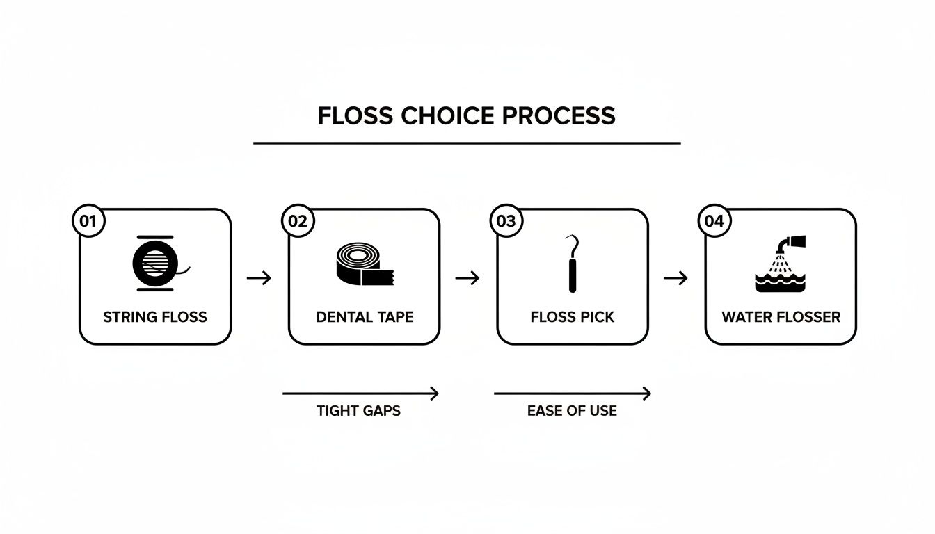 Floss choice process diagram: String Floss, Dental Tape, Floss Pick, Water Flosser, considering tight gaps and ease.