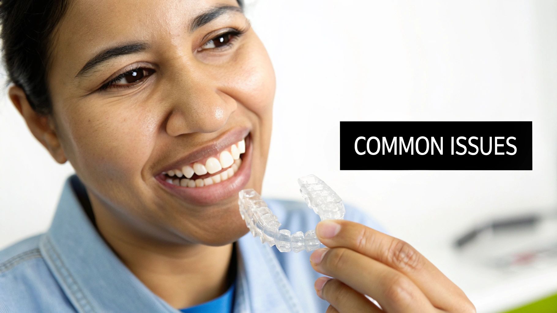 Smiling woman holding a clear dental aligner, with "COMMON ISSUES" text visible on the right.