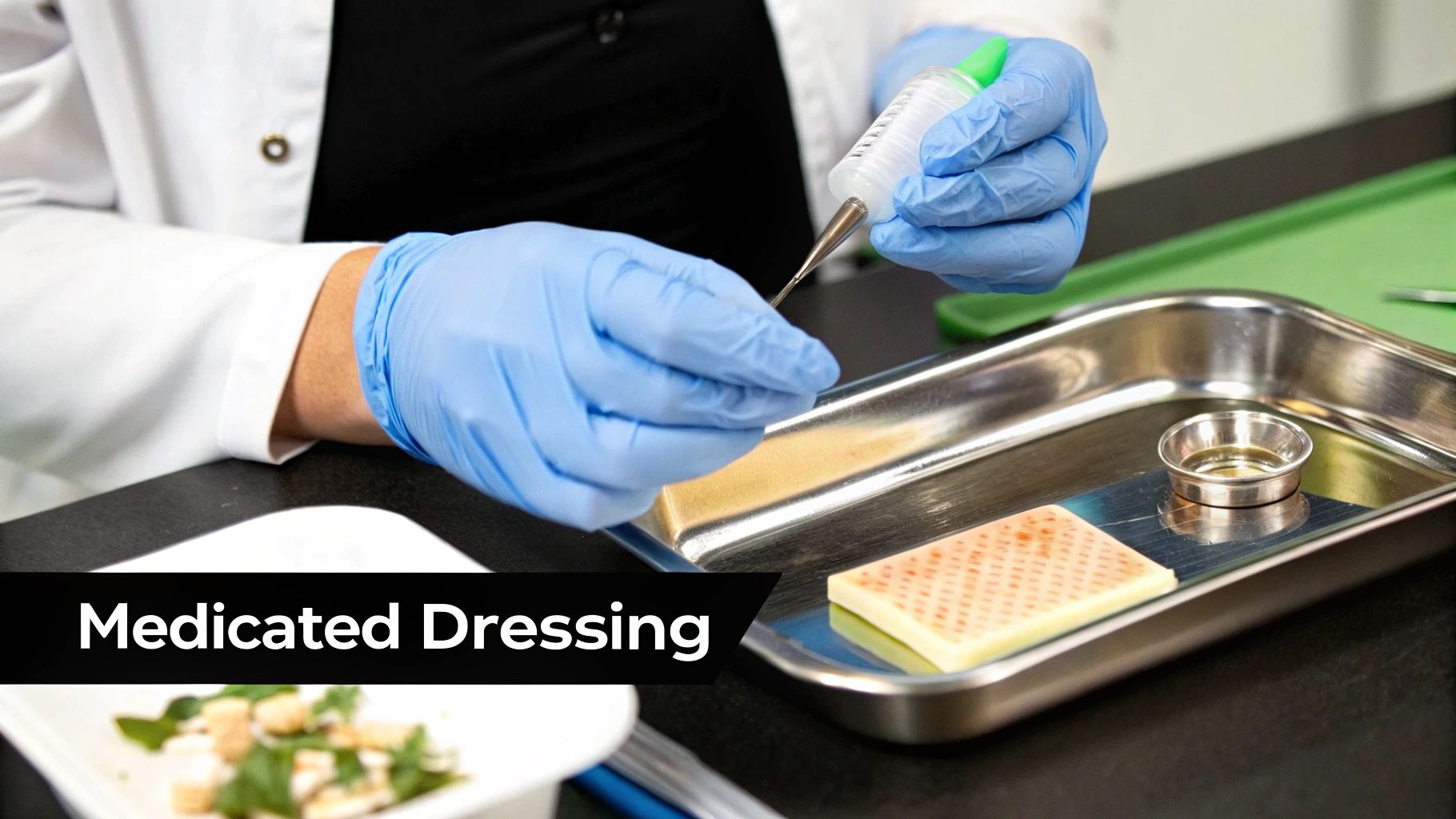 Close-up of gloved hands preparing a medicated dressing and solution on a sterile medical tray.