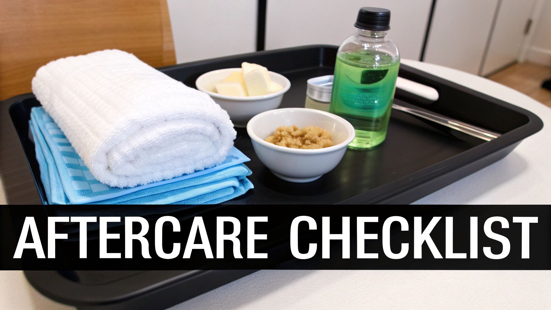 A black tray with aftercare items: a rolled white towel, blue cloths, ingredients in bowls, and a green liquid.