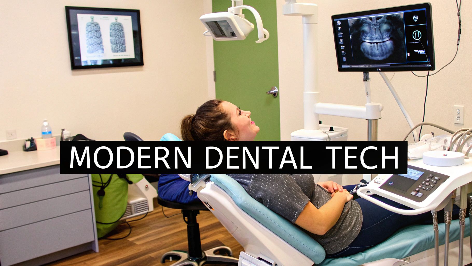 A woman in a dental chair with modern dental equipment, including a monitor showing dental X-rays.