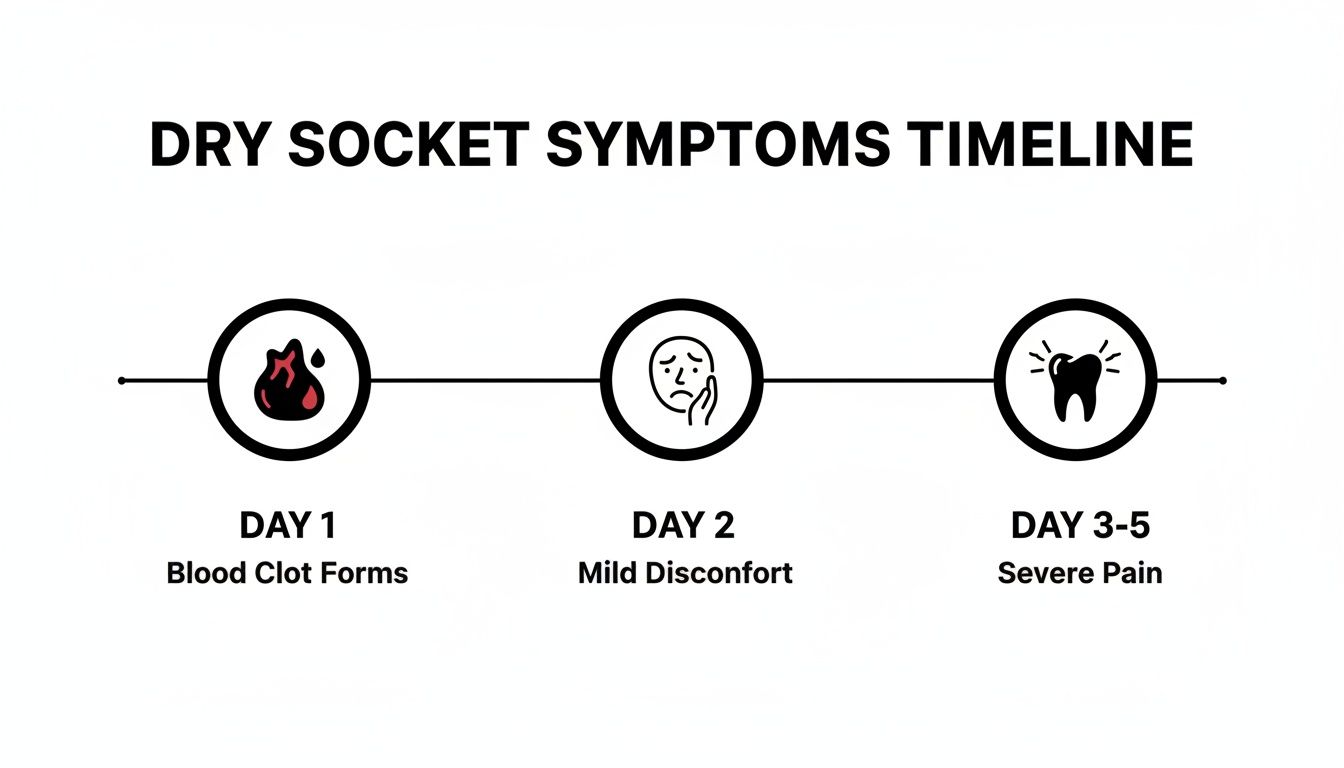 A timeline illustrating dry socket symptoms: Day 1 blood clot forms, Day 2 mild discomfort, Day 3-5 severe pain.