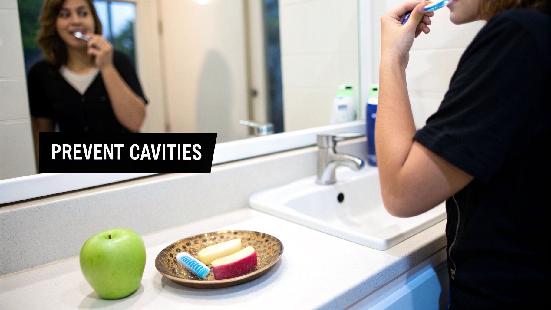 A person brushing teeth in a bathroom with apples and a 'PREVENT CAVITIES' message.