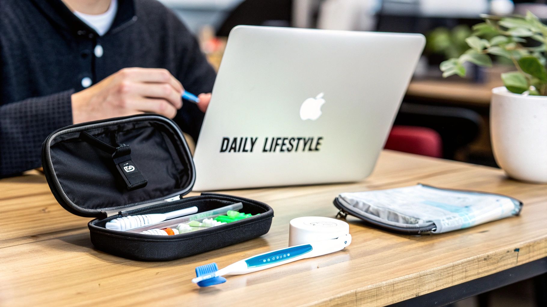 An adult smiling confidently while wearing clear aligners, showing how discreet the treatment can be in a daily setting.