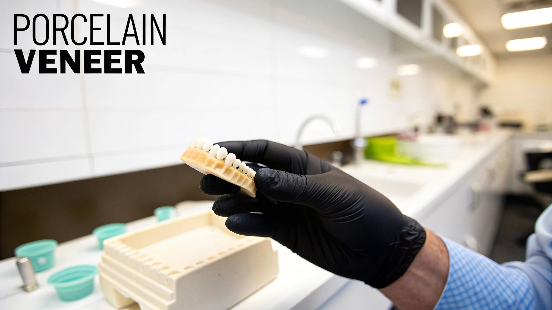 A gloved hand holds a dental model showcasing porcelain veneers in a modern dental lab.