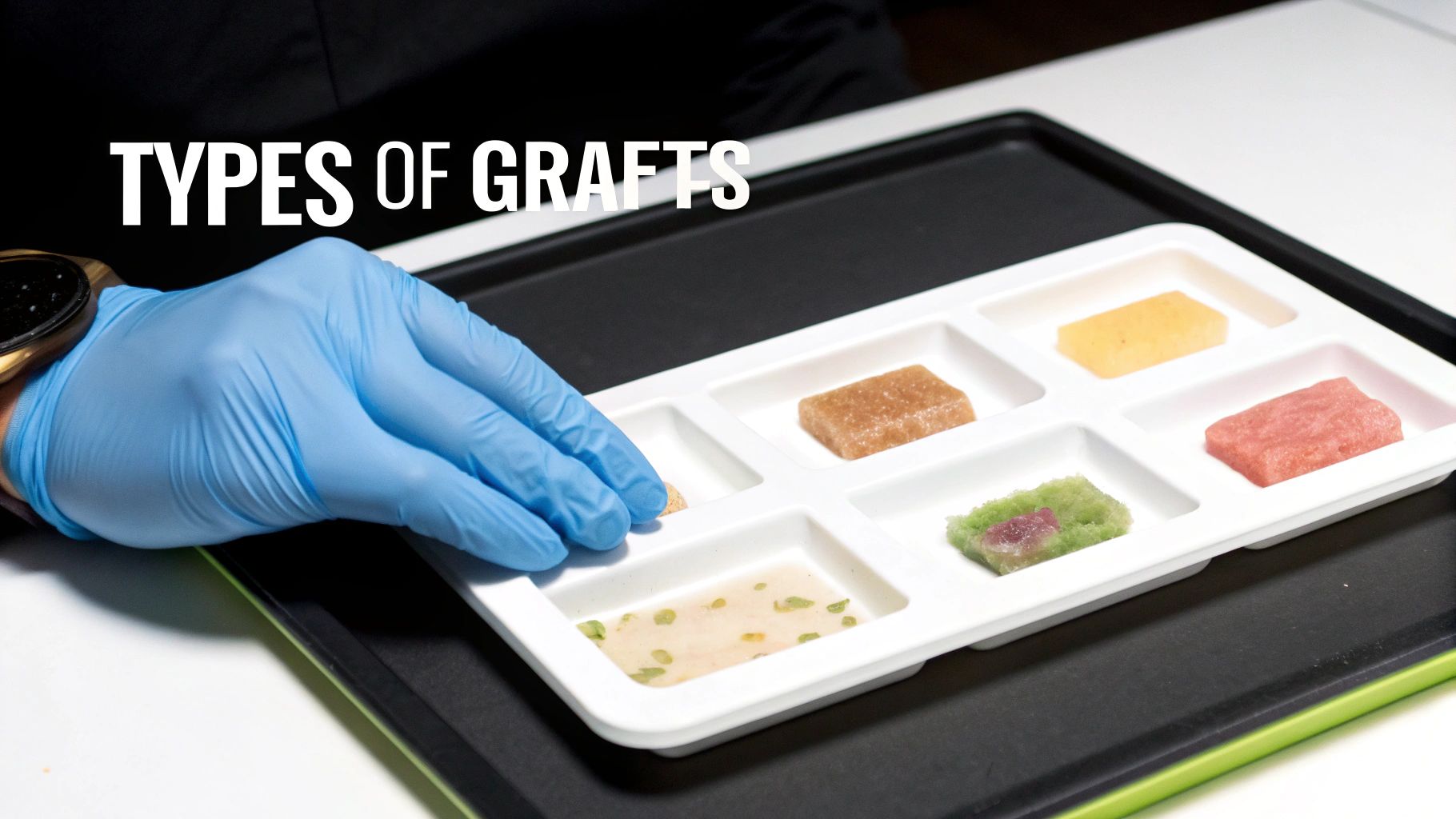 A gloved hand interacts with a white tray displaying different types of medical grafts or tissue samples.