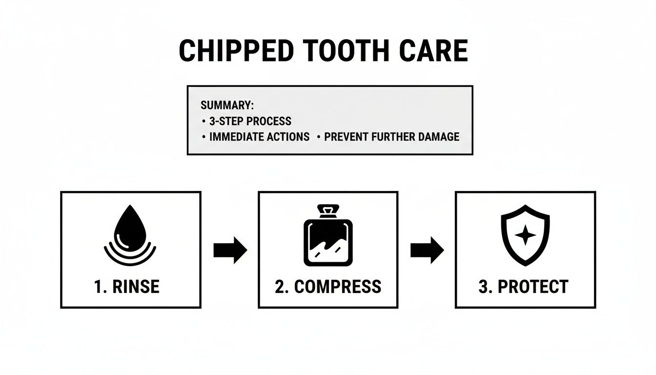 A diagram illustrating a 3-step process for chipped tooth care: rinse, compress, and protect.