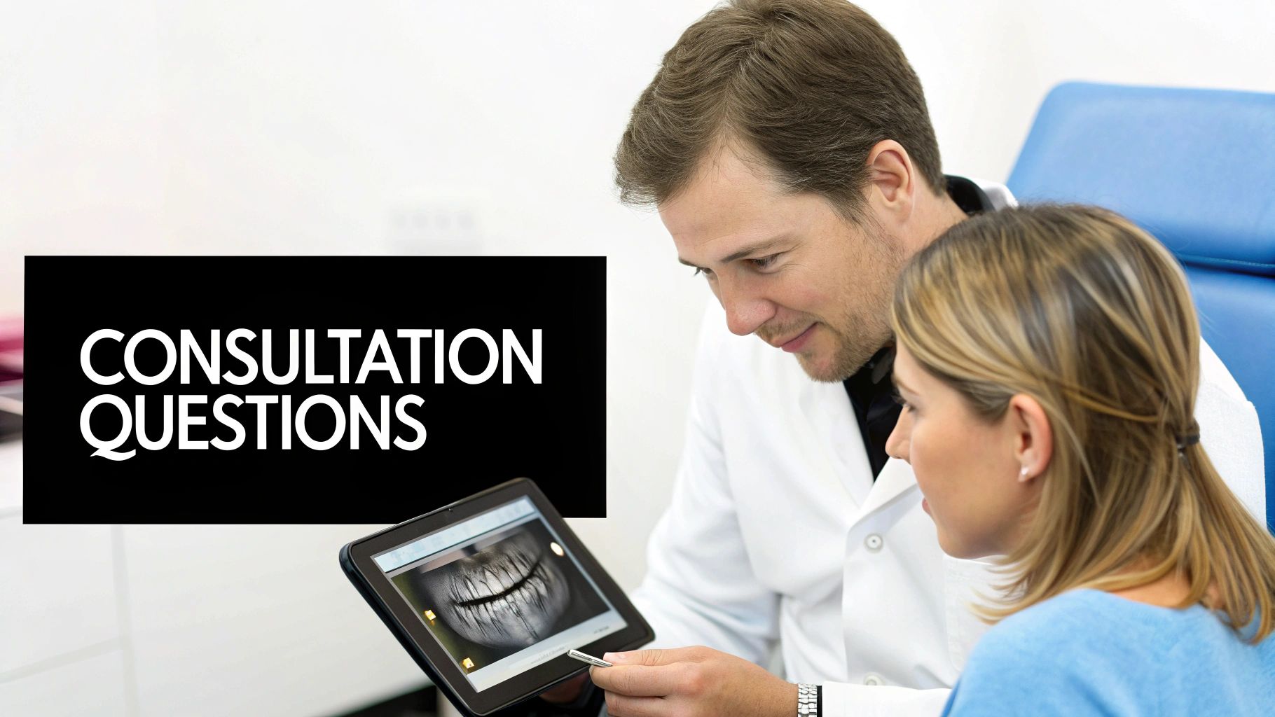 A dentist shows a patient a dental X-ray on a tablet during a consultation, with 'Consultation Questions' text.