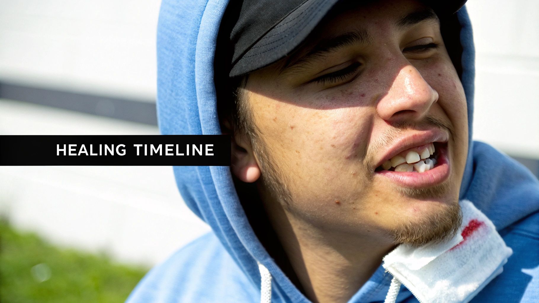Young man in a blue hoodie with a bloodied cloth, suggesting dental recovery, labeled 'HEALING TIMELINE'.