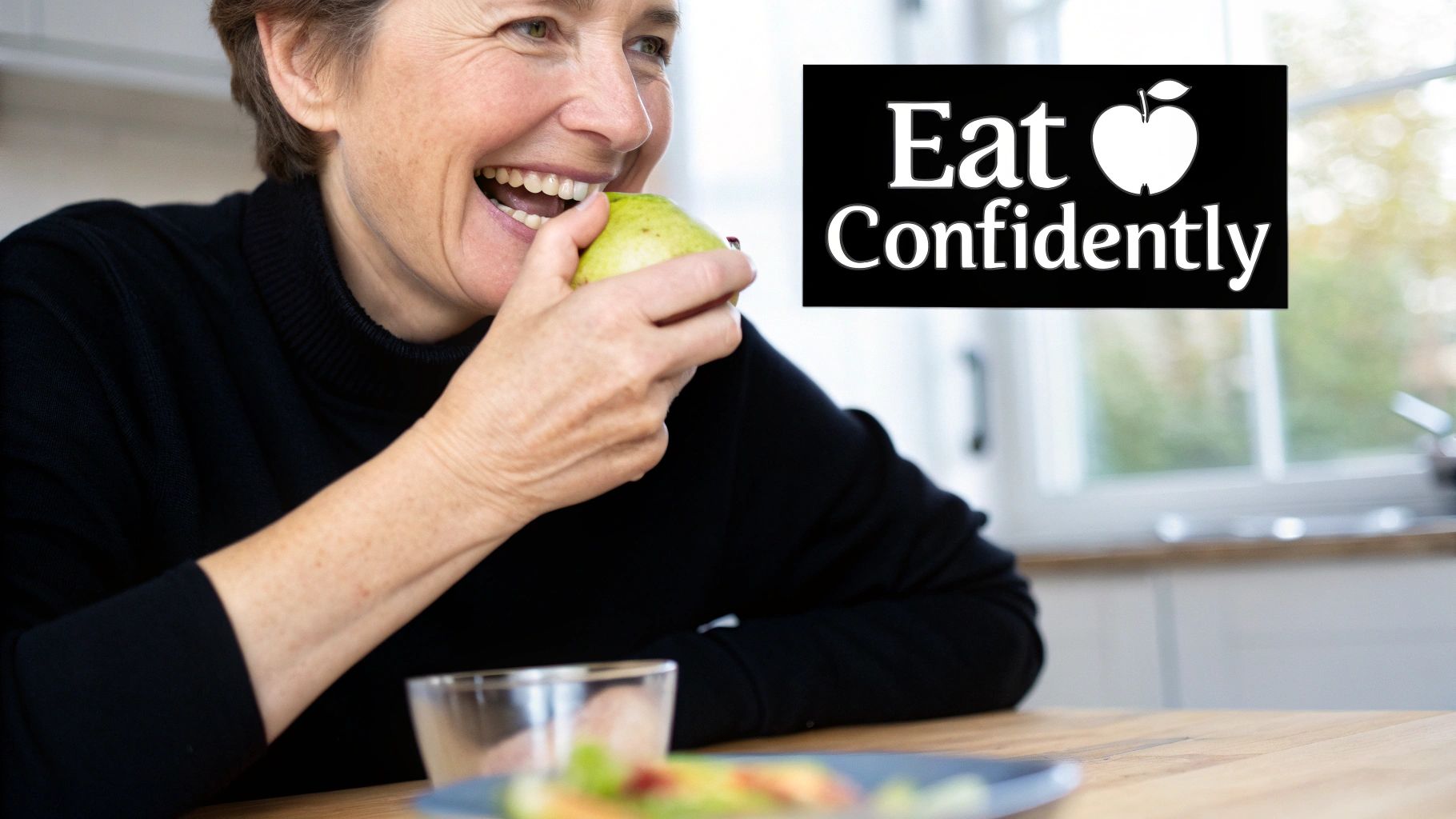 A person smiling confidently, showcasing a full set of All on 4 dental implants