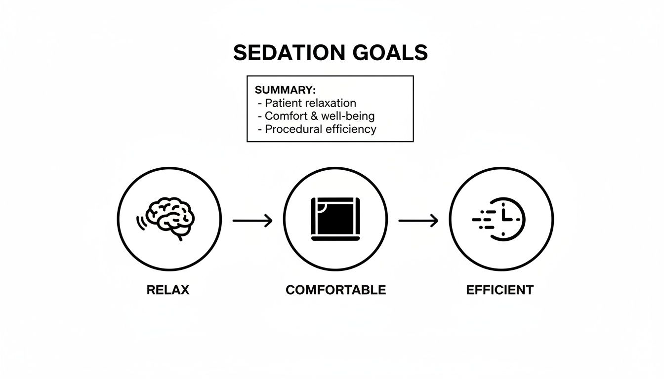 Diagram illustrating sedation goals: patient relaxation, comfort, and procedural efficiency in a three-step flow.