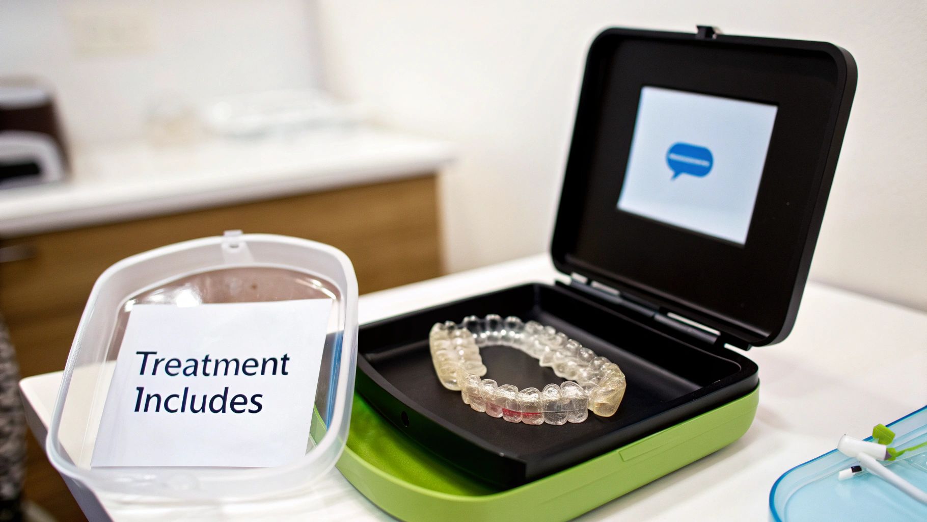 A dentist showing a patient their Invisalign treatment plan on a screen