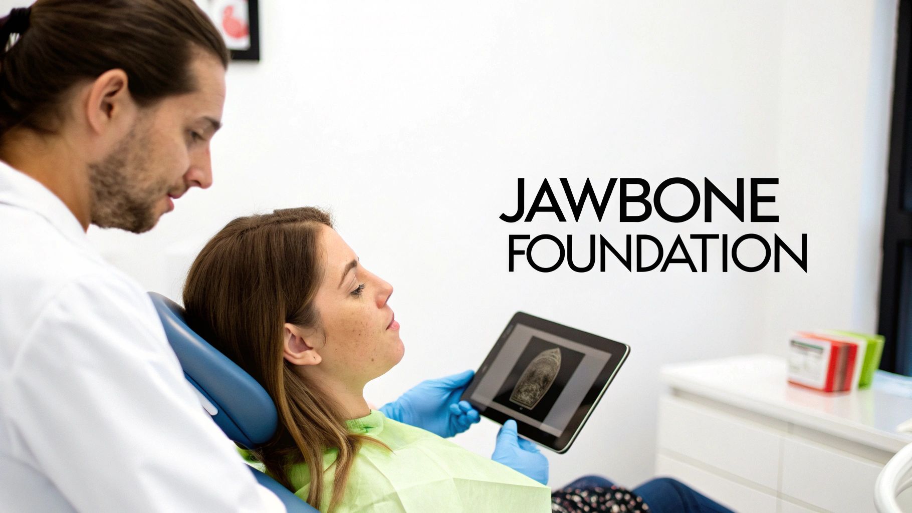 Dentist showing a patient a jawbone scan on a tablet in a dental clinic.