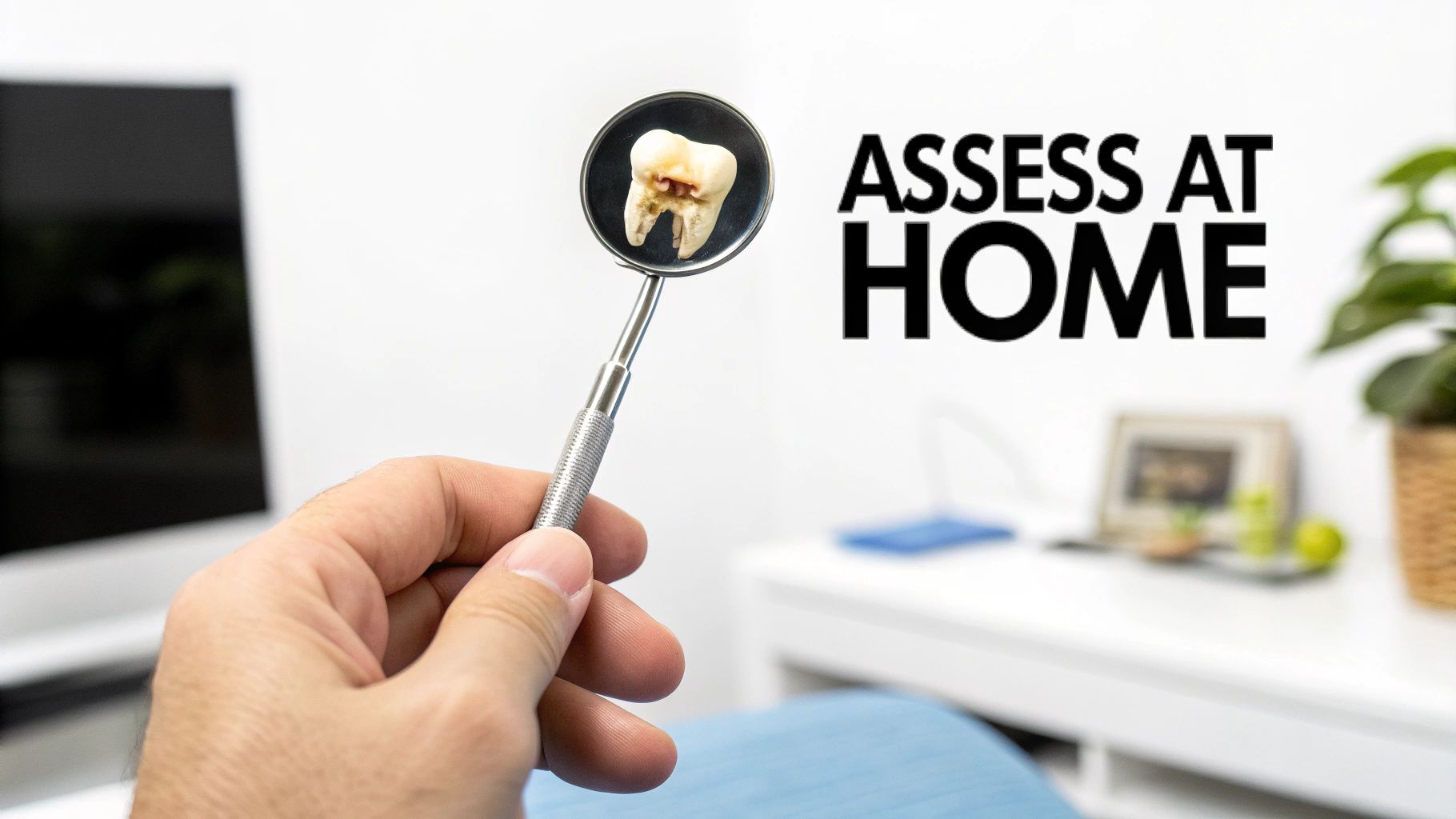 A hand holding a dental mirror reflecting a decayed tooth, with 'ASSESS AT HOME' text.