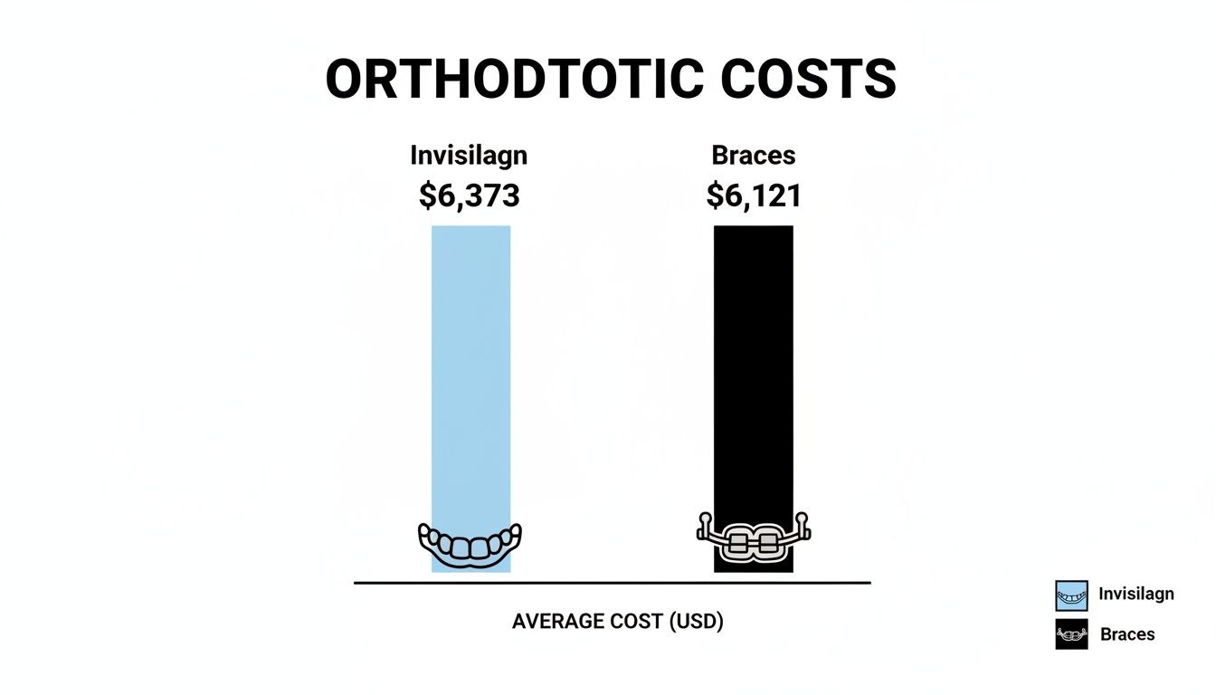 Bar chart comparing average costs for Invisilagn ($6,373) and Braces ($6,121).