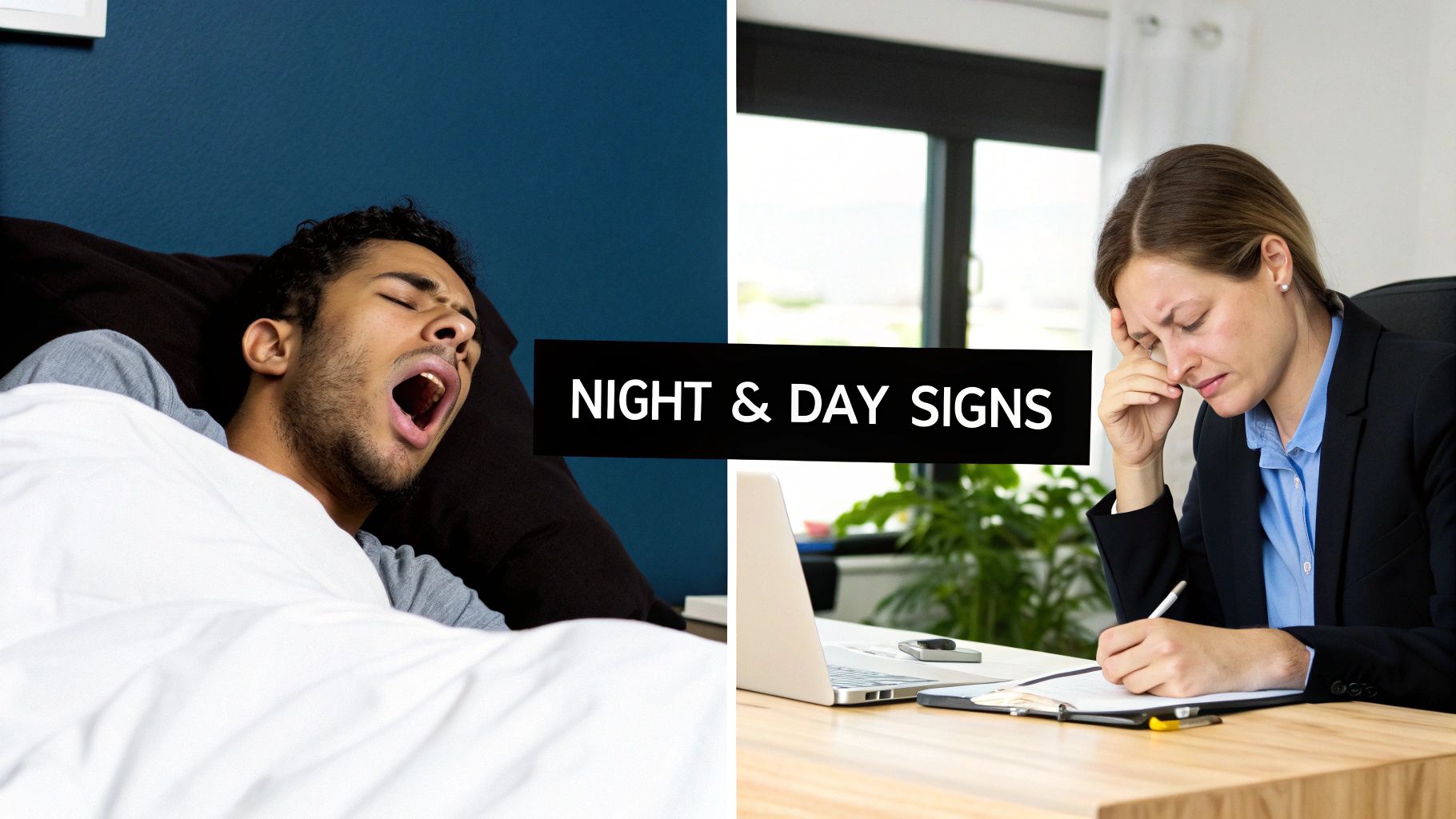 Images showing a yawning man in bed and a stressed woman at work, representing night and day signs.