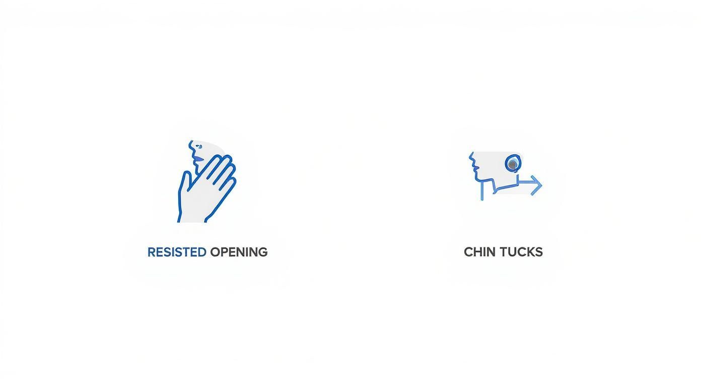Two illustrated exercises for TMJ relief: resisted opening with hand and chin tucks with directional arrow