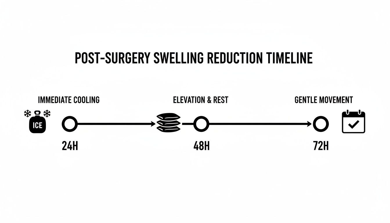 Timeline illustrating post-surgery swelling reduction with immediate cooling, elevation, and gentle movement stages.